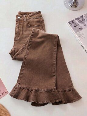 Brown Casual Women's Regular Fit Extra Long Flare Leg Denim Jeans